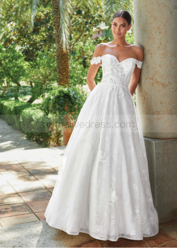 Beaded Off Shoulder Ivory Lace Romantic Wedding Dress